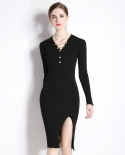 Womens New Knitted Fashion V-neck Slim Slit Bottom Dress