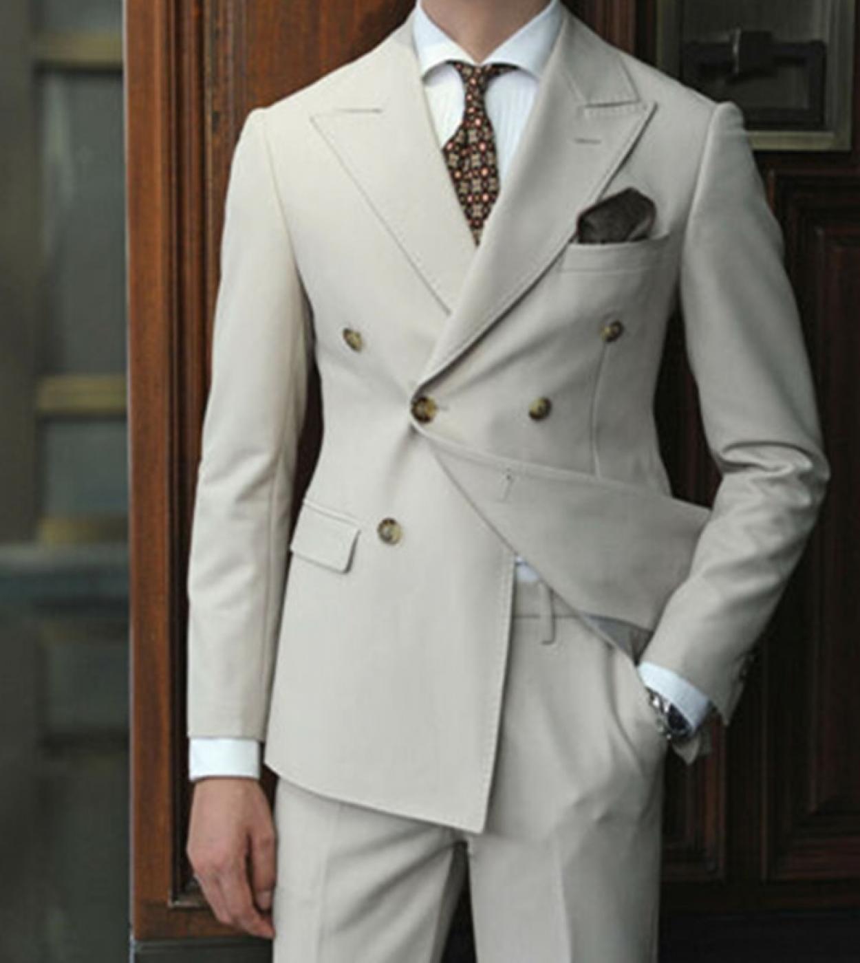 Mens Suits Double Breasted Beige Suit For Man Peak Lapel Blazer Jacket Pants 2 Piece Formal Office Costume Homme Suits H