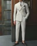 Mens Suits Double Breasted Beige Suit For Man Peak Lapel Blazer Jacket Pants 2 Piece Formal Office Costume Homme Suits H