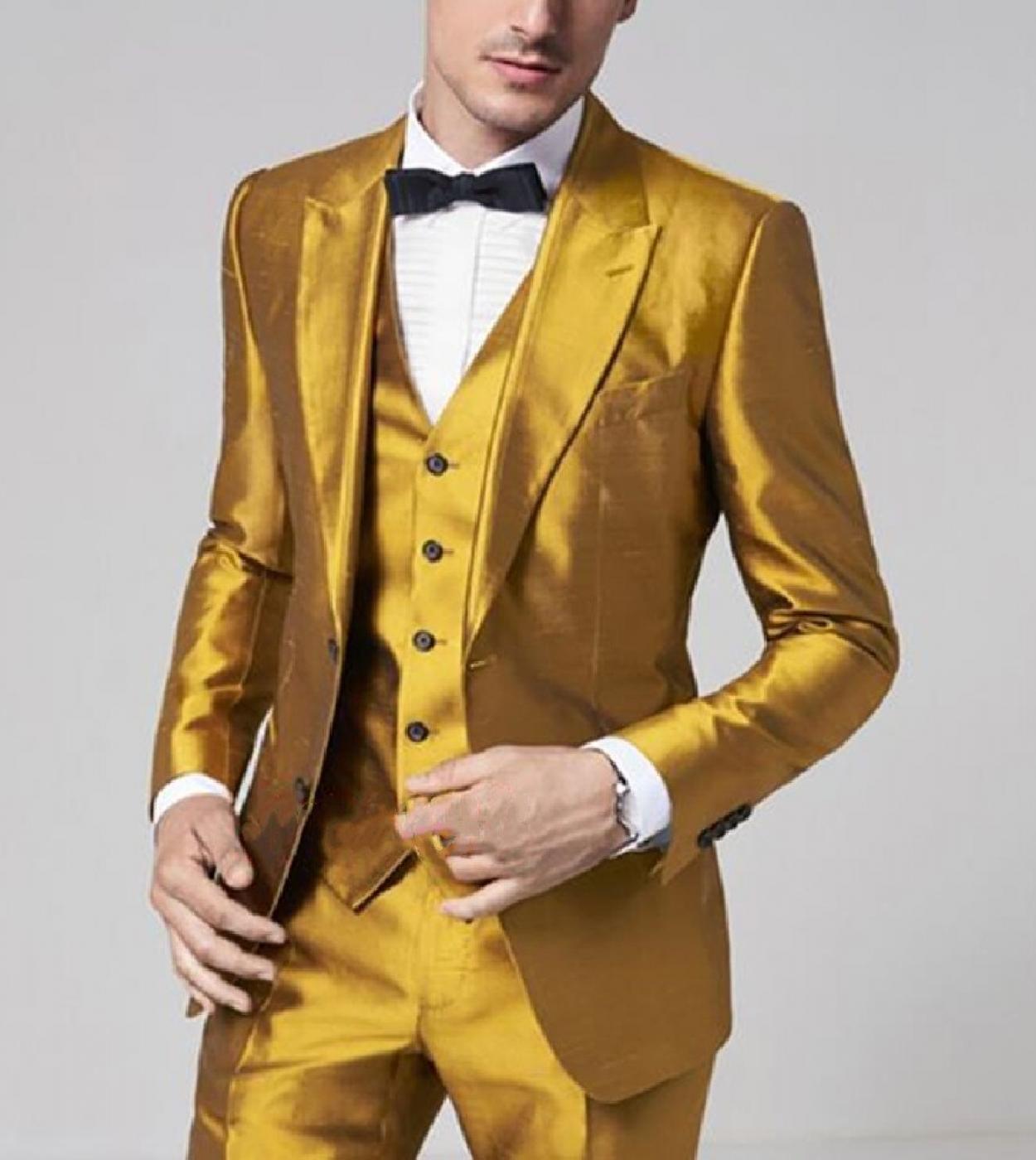 2022 New Arrival Golden Yellow Satin Men Suits Slim Fit Prom Party Stage Performance Costumes Ternos Ceremony Suits Men 