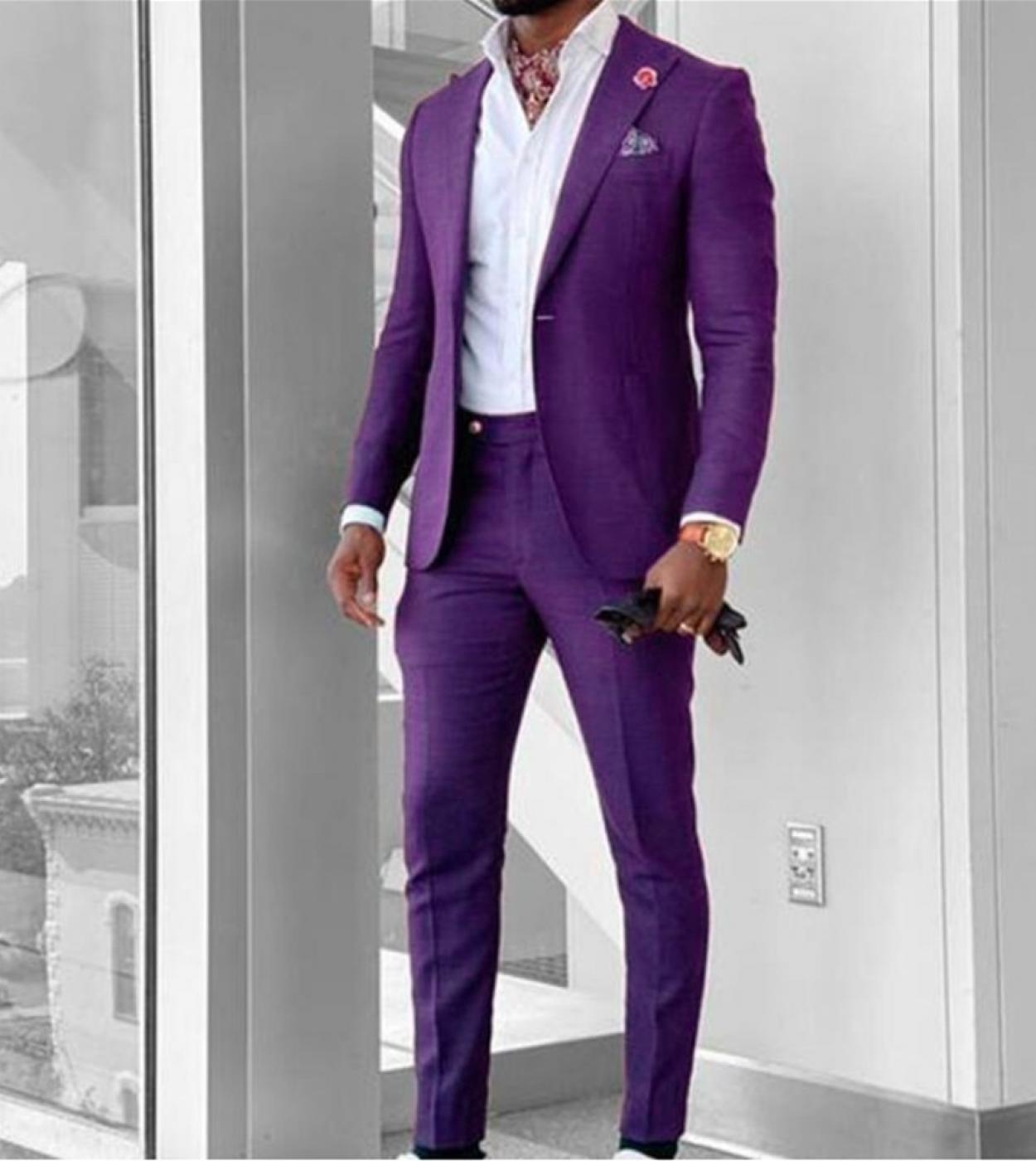 Men Suits Peak Lapel Tuxedos Groom Wedding Suits Set Black Purple Blazer Jacket Pants 2 Pieces Business Formal Classic C