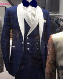 Men Wedding Suits 2022 Navy Blue Blazer Groom Tuxedos Black Lapel Groomsmen Wedding Party Suit Best Man 3 Pieces Bridegr