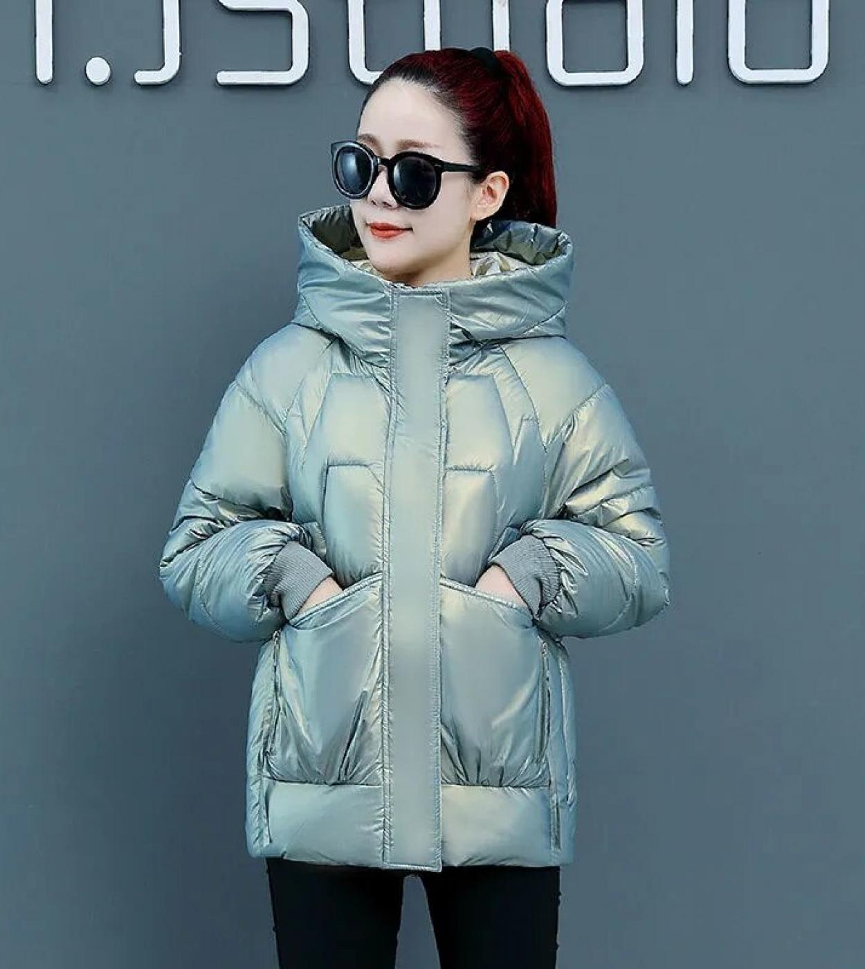 2022 New Women Parkas Winter Jacket Glossy Hooded Warm Coat Slim Cotton Padded Basic Coat Jacket Female Casual Outwear F