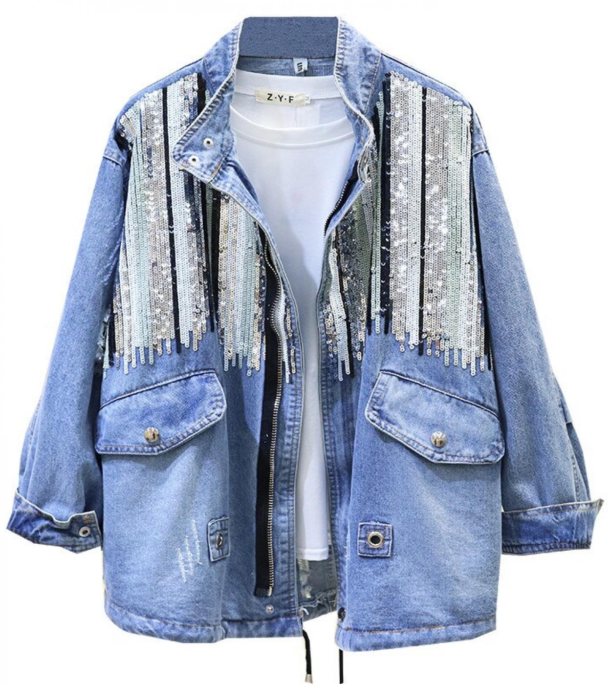  New Sequins Denim Jacket Women Bomber Jacket Fashion Long Sleeves Coats Vintage Hippie Jeans Jacket Colete Feminino P35