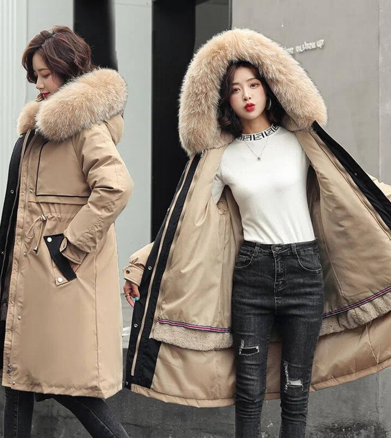 2022 New Winter Jacket Women Long Parka Fur Collar Hooded Fur Lining Parkas Jacket Thick Warm Snow Wear Coat Drawstring 