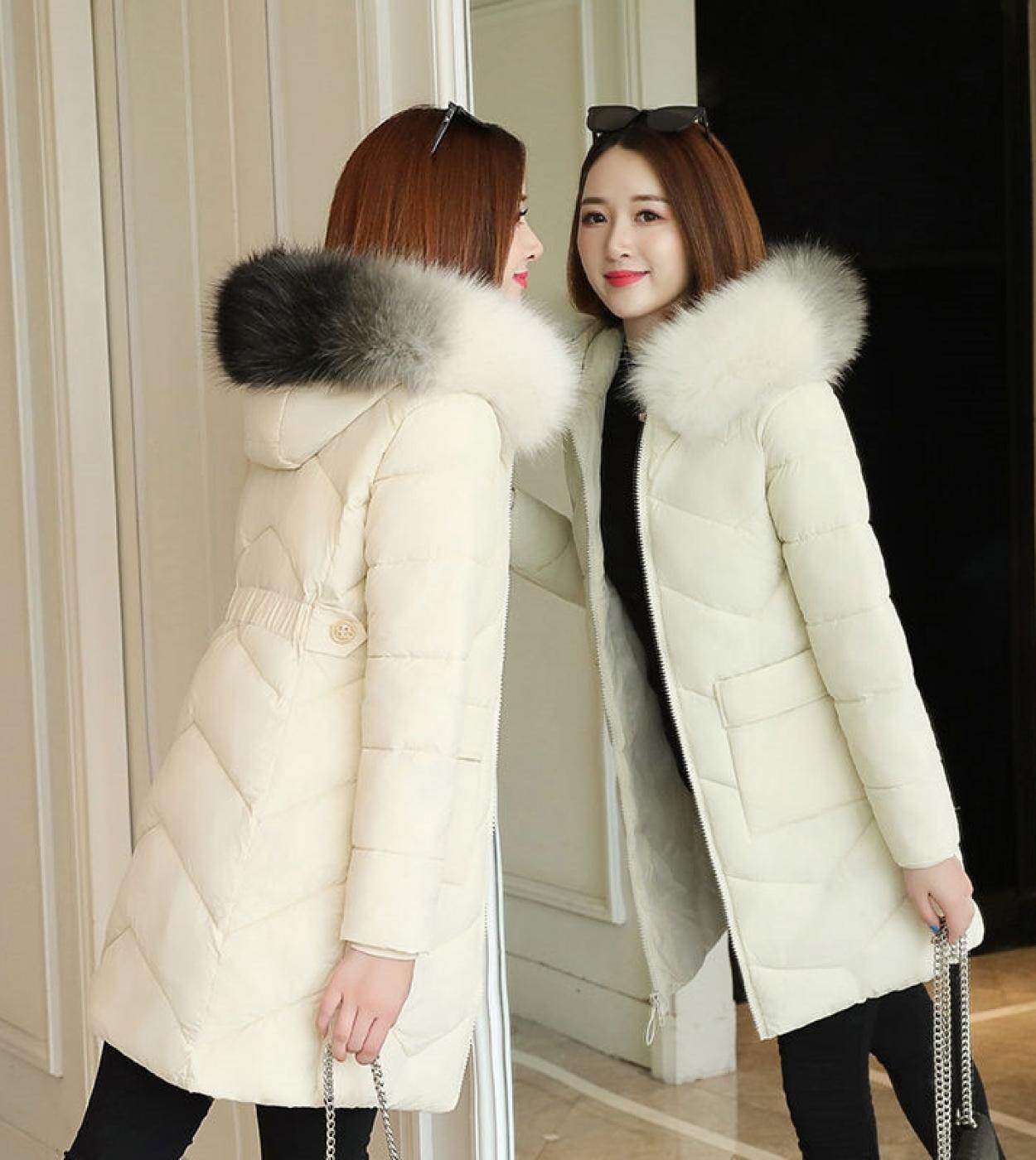 2022 Winter Jacket Women Parka Fur Collar Casual Hooded Slim Long Coat Fashion Female Jacket Cotton Padded Warm Outwear 