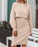Autumn Winter Women Clothing Knitted Skirt Suits Solid Color Knitted Sleeveless Dresslong Sleeve Sweatshirt Tops 2 Piec