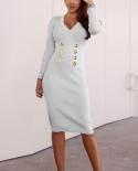 Women Dresses 2022 Autumn Winter New Slim Fit Elegant Midi Knitted Dress  V Neck Long Sleeve Dresses Office Lady Vestido