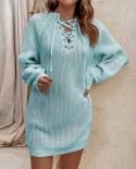 2022 Autumn Winter Sweater Dress Solid Color V Neck Lace Up Knitted Mini Dress Casual Loose Elegant Thick Warm Sweater D