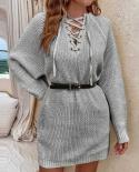 2022 Autumn Winter Sweater Dress Solid Color V Neck Lace Up Knitted Mini Dress Casual Loose Elegant Thick Warm Sweater D