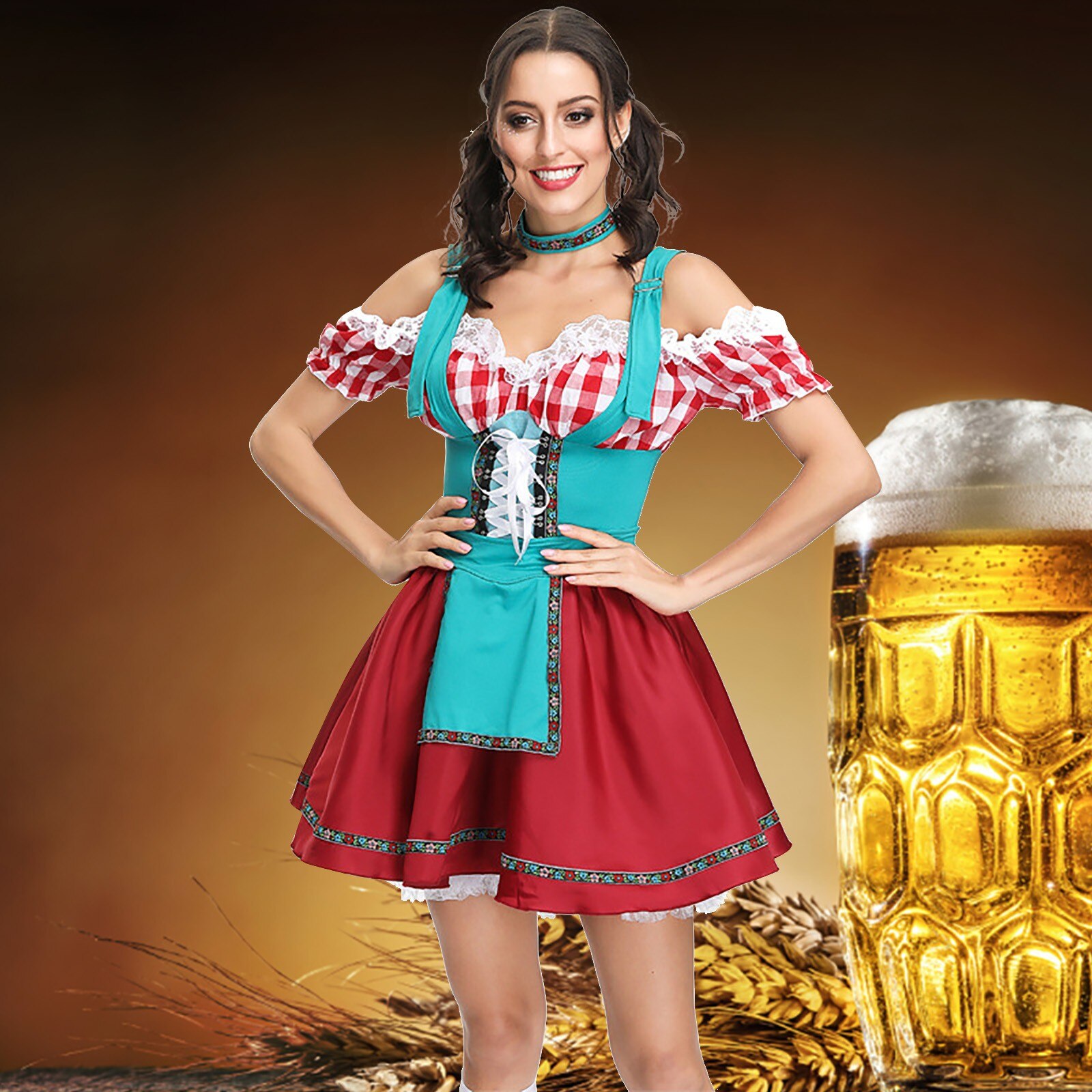 Tag ud Belyse Skæbne US$18.36-German Dirndl Dress Oktoberfest Dress Summer Off Shoulder  Oktoberfest Beer Girl Costume Carnival Waitress Outfits Dress -Description
