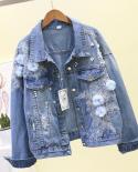  Autumn Women Denim Jacket Embroidery Threedimensional Floral Jeans Jacket Beading Pearl Ripped Hole Bomber Outerwear P7