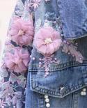  Autumn Women Denim Jacket Embroidery Threedimensional Floral Jeans Jacket Beading Pearl Ripped Hole Bomber Outerwear P7