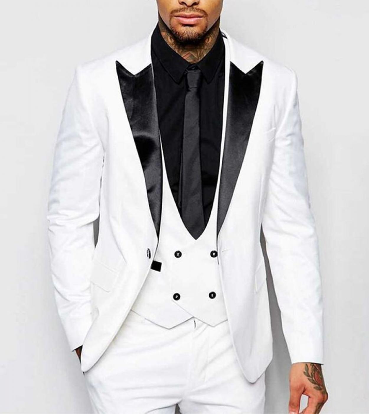  New Arrival White Groom Tuxedos Peak Lapel Groomsmen Best Man Suit Men Wedding Suits Prom Party Suit jacketpantsvest