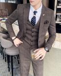  Jacket  Vest  Pants  Brown Gray Blue Plaid Suit Mens High End Brand Plaid Suit Three Piece Suit Groom Wedding Dres