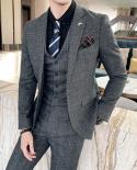 Jacket  Vest  Pants  Brown Gray Blue Plaid Suit Mens High End Brand Plaid Suit Three Piece Suit Groom Wedding Dres