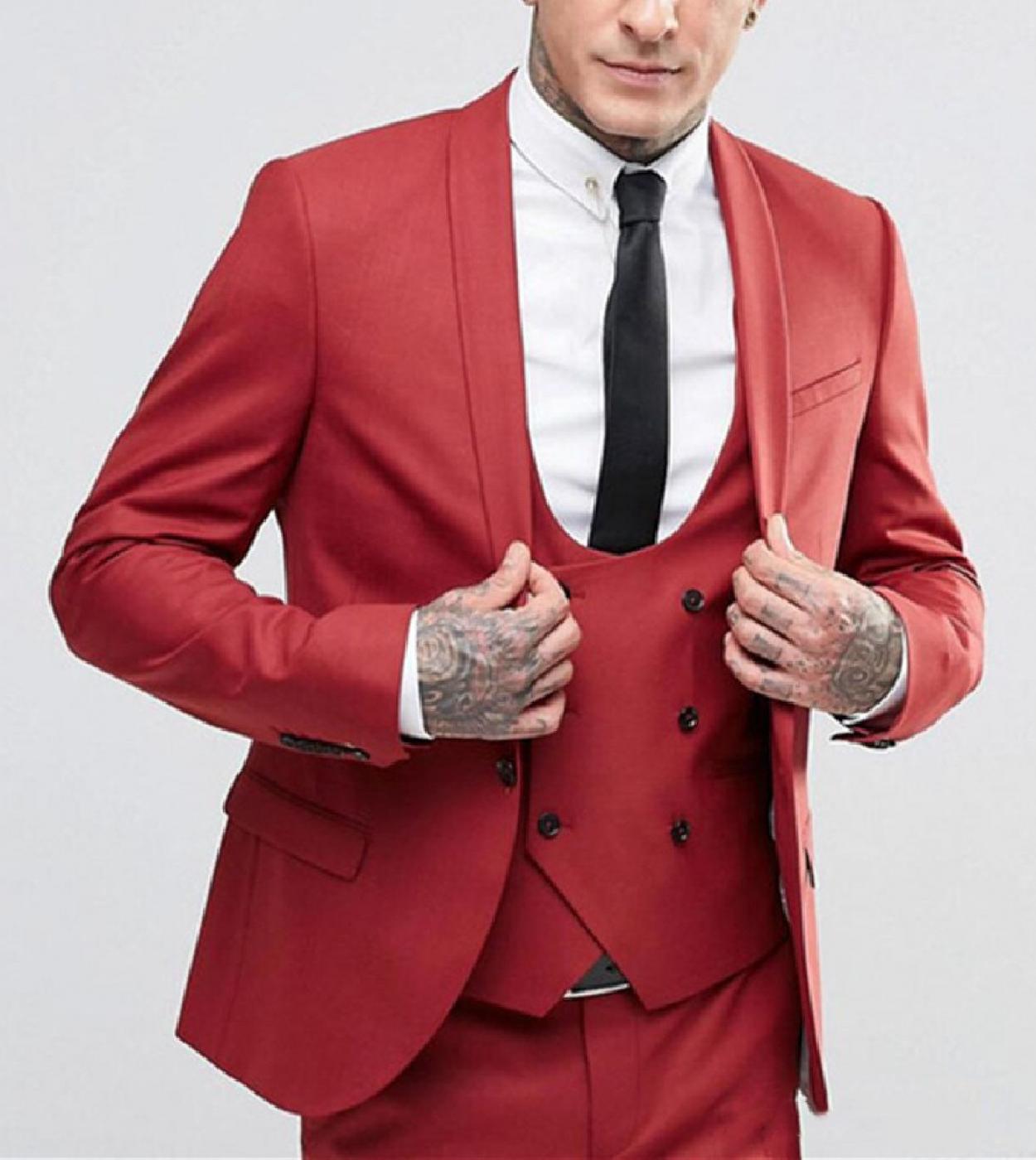 3pcs Handsome Groom Dress Shawl Collar Red Blazer Trousers Man Suits Best Men Coat Clothes Wedding Party Wearjacketpan