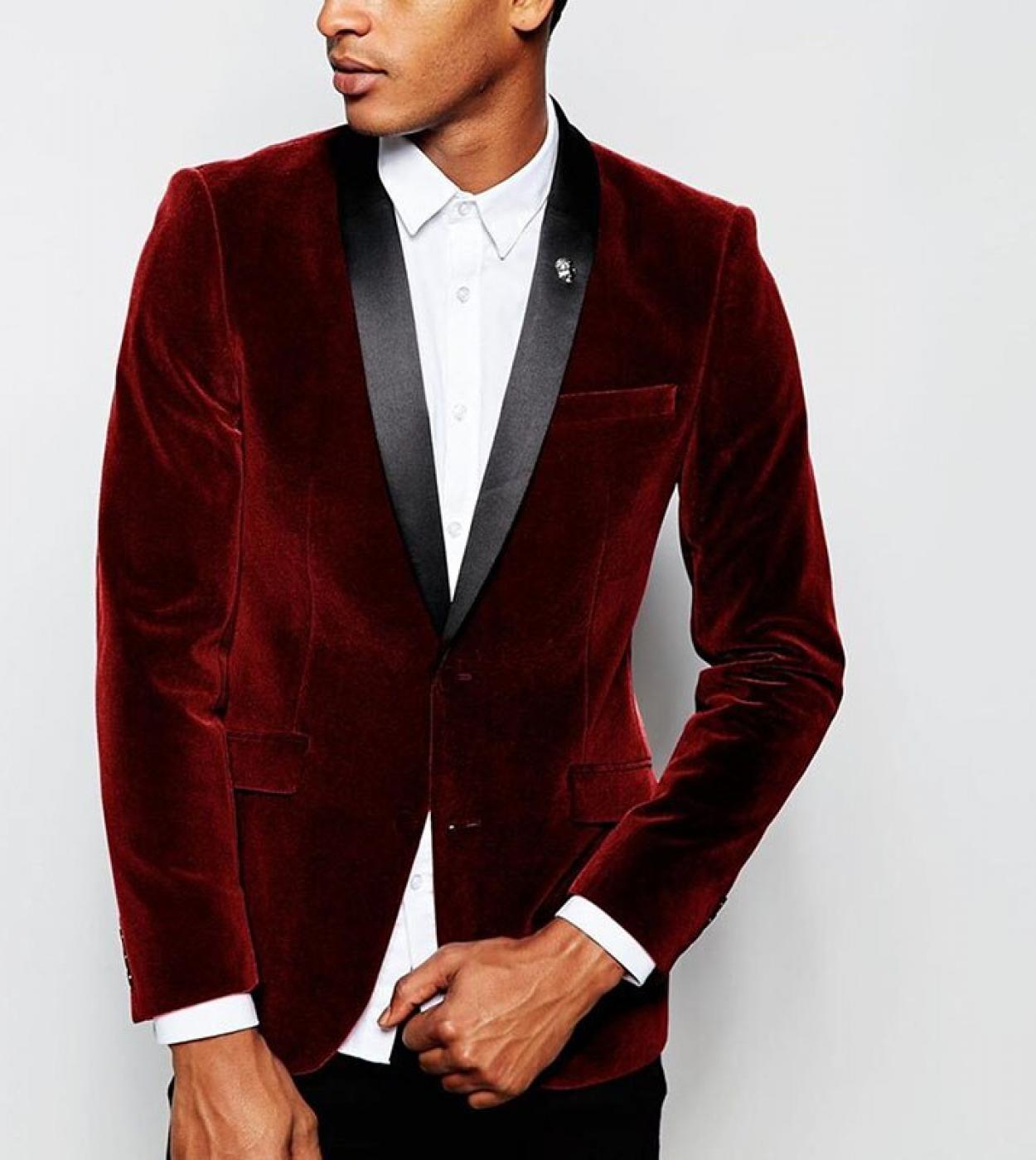  Burgundy Velvet Jacket Black Satin Lapel Groom Tuxedos Suits For Men Groomsman Men Wedding Suits Prom Tuxedos With Pant