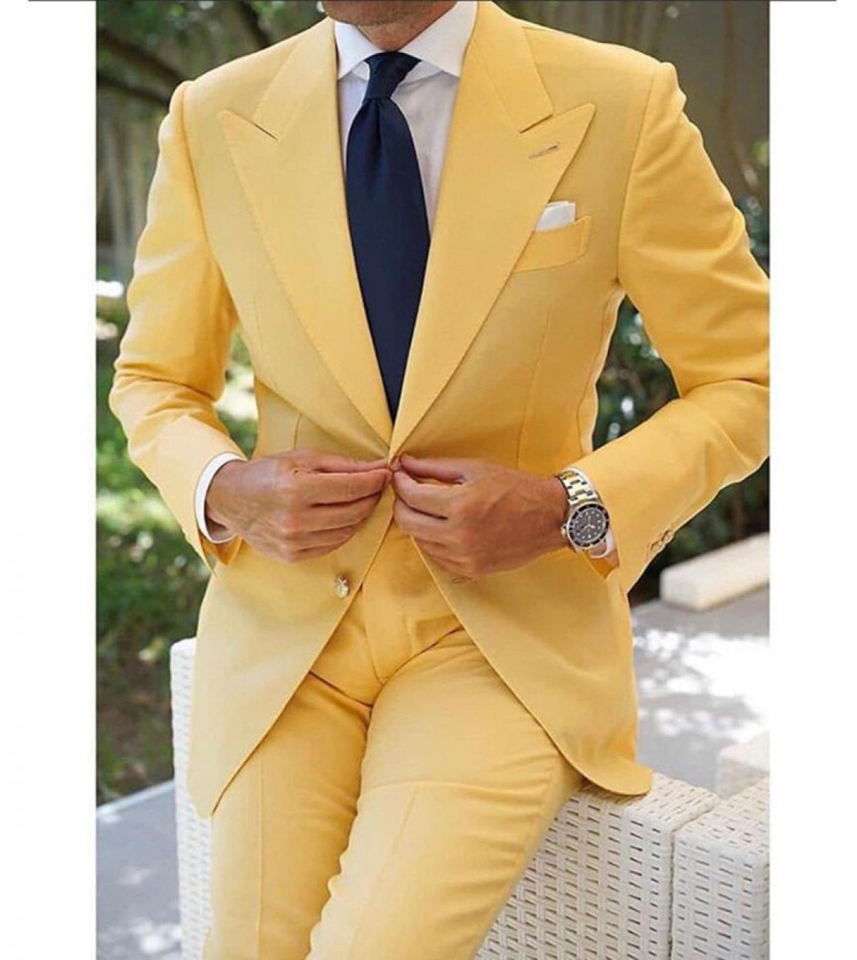 Yellow Prom Mens Suit Tape Lapel Wedding Groom Tuxedo Latest Design Fashion 2 Piece Set With Pants 2022