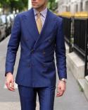 2 Pieces Peak Lapel Double Breast Navy Blue Mens Business Suit Slim Fit Tailor Made Groom Tuxedos Man Formal Suit Blazer