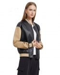 Color Inserted Leather Coat Womens Casual Baseball Uniform Loose Ladies Jacket
