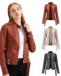 New Jacket Womens Short Belt Womens Leather Coat Large Size Slim Stand Collar Thin Leather Jacket