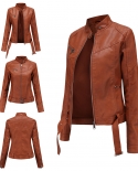 New Jacket Womens Short Belt Womens Leather Coat Large Size Slim Stand Collar Thin Leather Jacket