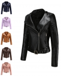 Womens Leather Jacket Long-sleeved Zipper Lapel Belt Short Motorcycle Suit