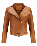 Womens Leather Jacket Long-sleeved Zipper Lapel Belt Short Motorcycle Suit