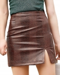 Summer Ladies Crocodile Pattern Pu Slit Skirt Slim Elastic Leather Skirt