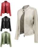 New Rivet Fashion Stand Collar Leather Jacket Women Solid Color Casual Jacket