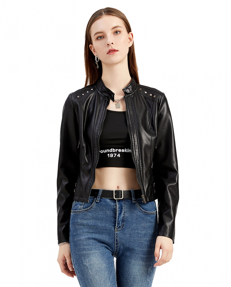 Womens New Rivet Leather Jacket Womens Short Spring And Autumn Long-sleeved Thin Section Stand-up Coat