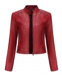 Womens New Rivet Leather Jacket Womens Short Spring And Autumn Long-sleeved Thin Section Stand-up Coat