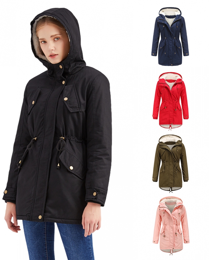 Autumn And Winter New Womens Cotton Coat Womens Solid Color Hooded Parka Coat Thick Cotton Coat Plus Fleece