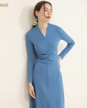 Womens Autumn And Winter New V-neck Self-cultivation Solid Color Long-sleeved Mid-waist Dress