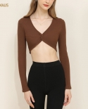 Long-sleeved T-shirt Womens Short V-neck Bottoming Knitted Sweater Slim Womens Top
