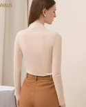 Womens Self-cultivation Style See-through Early Autumn High-necked Solid Color Mesh Long-sleeve Bottoming Shirt