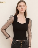 New Fashion Square Collar Puff Sleeve Short Womens Top Solid Color Mesh Long-sleeved Bottoming Shirt