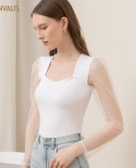 New Fashion Square Collar Puff Sleeve Short Womens Top Solid Color Mesh Long-sleeved Bottoming Shirt