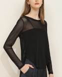 Womens New Autumn Long-sleeved Loose Round Neck Mesh Hollow Top