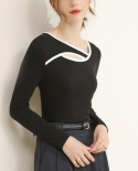 Womens Autumn And Winter Long-sleeved Irregular Round Neck Outer Wear Inner Hollow Bottoming Shirt