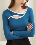 Womens Autumn And Winter Long-sleeved Irregular Round Neck Outer Wear Inner Hollow Bottoming Shirt