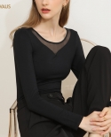 Long-sleeved Bottoming Shirt Womens Inner Wear Autumn Round Neck Mesh Splicing Design Womens Top