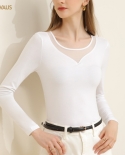 Long-sleeved Bottoming Shirt Womens Inner Wear Autumn Round Neck Mesh Splicing Design Womens Top