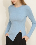 Autumn New Long-sleeved T-shirt Womens Round Neck Slim-fit Commuting Slit Bottoming Shirt
