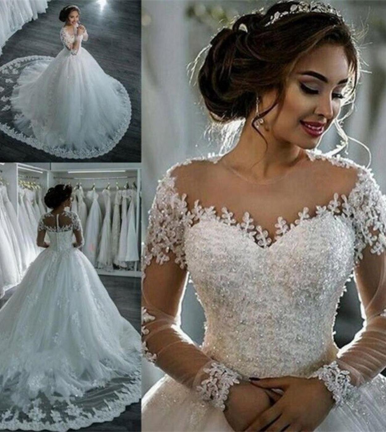 Luxury High End  Womens V Neck Transparent Tulle Long Sleeved Wedding Lace Applique Arabian Bridal Dress 2023 Muslim Cu