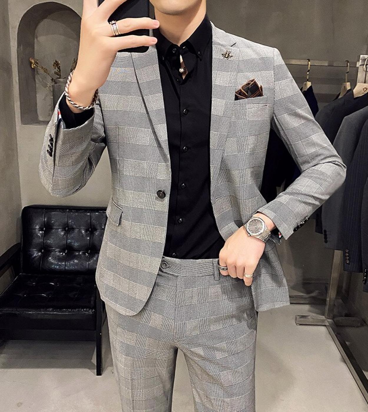 US$98.88-2 Pcs Set Blazers Jacket Pants 2022 Fashion New Mens Casual  Boutique Business Slim Formal Banquet Plaid Suit Coat Tro-Description