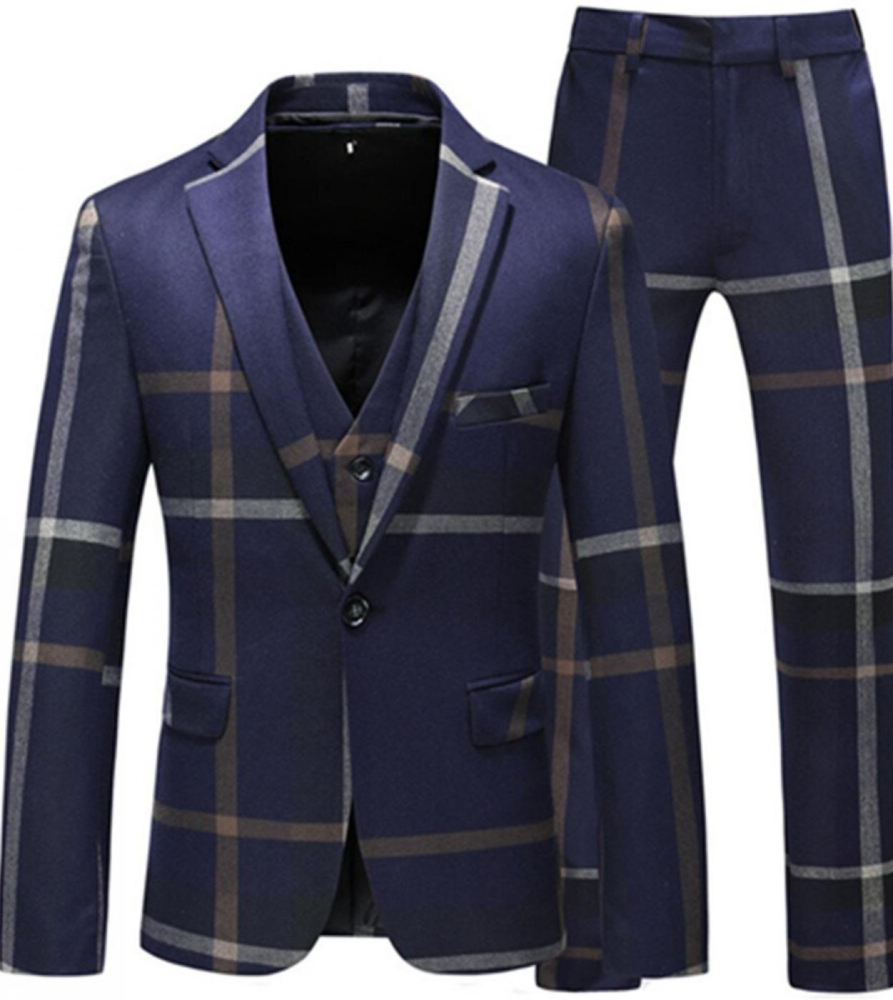 Jacket Vest Pants  High Quality Men Suits Fashion Grid Men Slim Fit Business Groom Wedding Plaid Blazers Coat 3 Pieces S