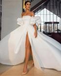 Luxury Ladies Elegant Satin Side Slit Wedding Dress 2023 Removable Puff Sleeve A Line Skirt Bridal Seaside Wedding Party