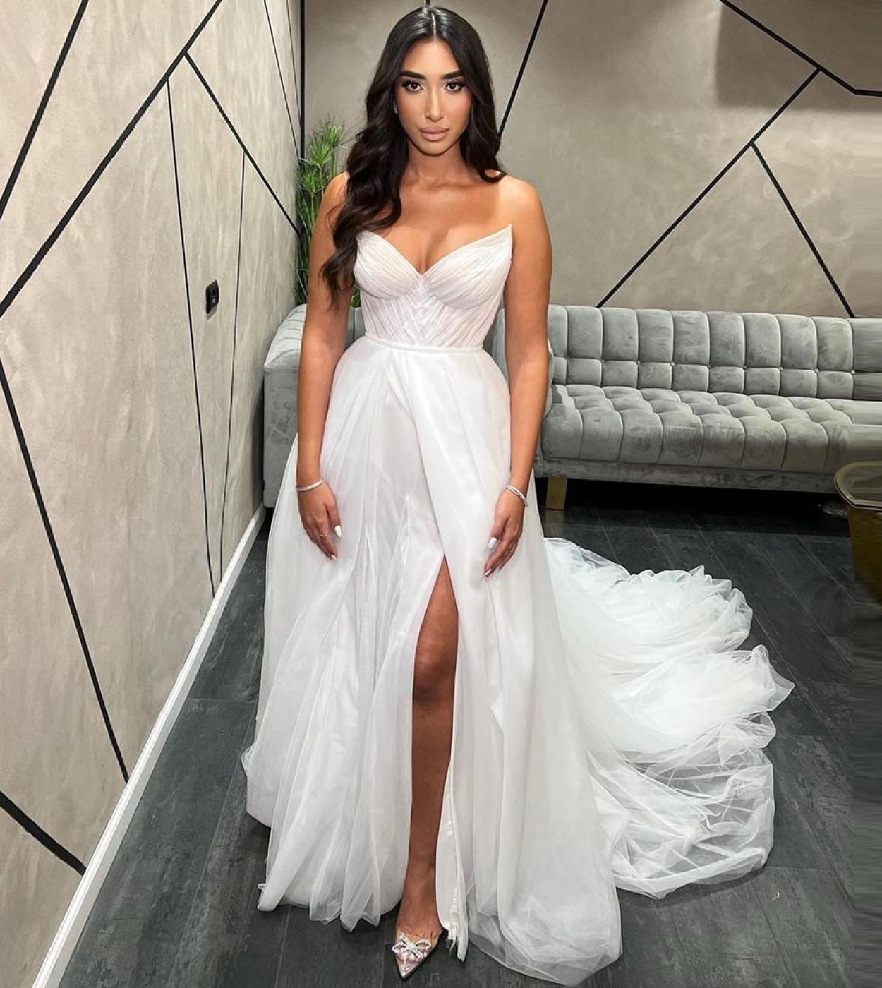 Luxury Illusion Modern High Side Split Wedding Dress Tube Top Ladies Sleeveless A Line Wedding Dress Princess Bridal Dre